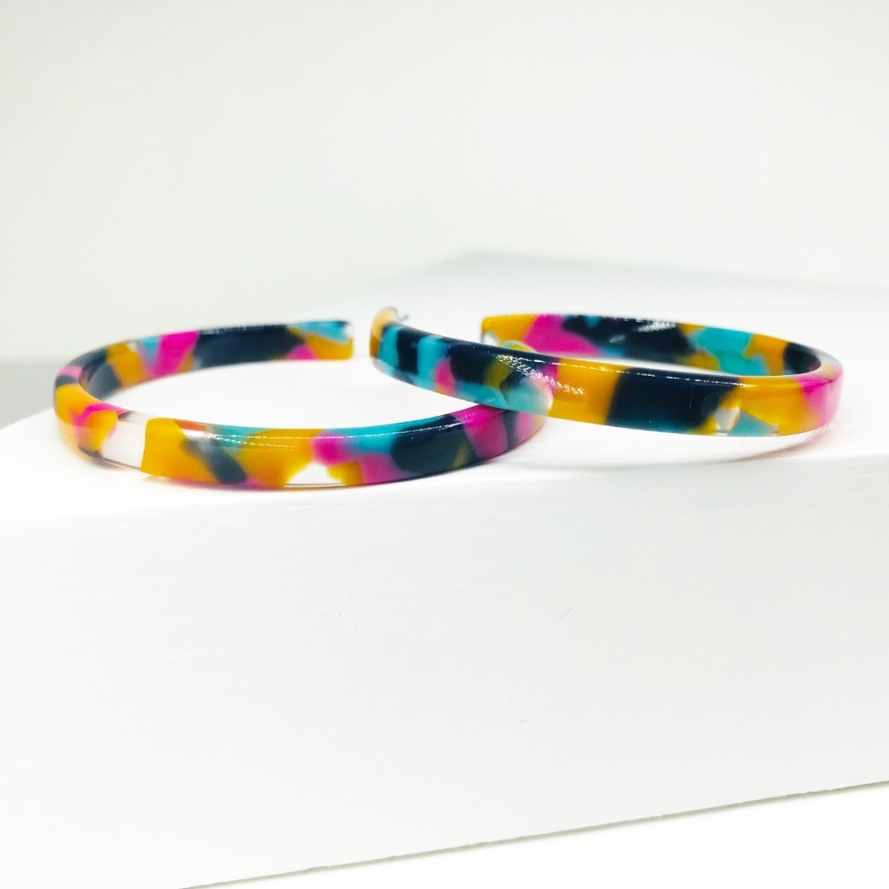 Acrylic Hoop Earrings in Pink, Blue and Yellow - Picture 4 of 7